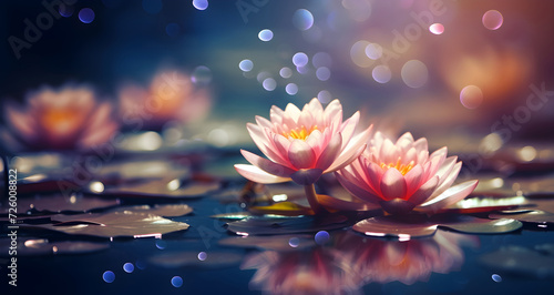 Beautiful water lilies represent rebirth, purity, beauty and enlightenment - floating on the surface of a deep blue pond with leaves bokeh and soft focus background

