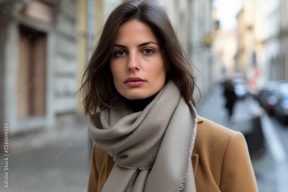 A young woman with short hair wearing a beige coat and scarf, stands confidently on a city street, looking directly at the camera — the concept of quiet luxury.