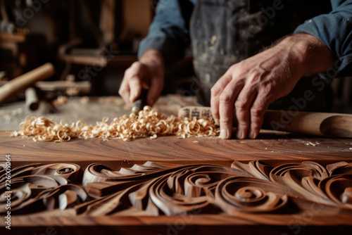Artisan woodworking hands detail, creating ornate carving, using chisel and hammer, amidst wood shavings on workshop table, craftsmanship, and art concept. photo