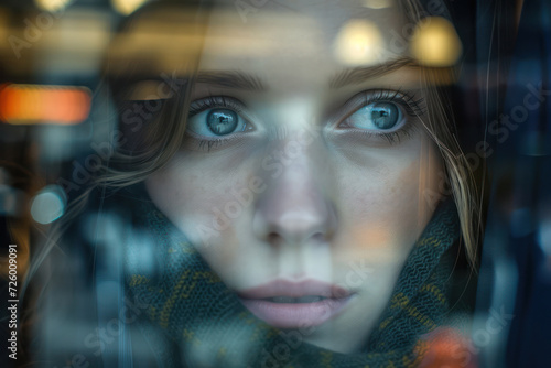 Young woman with striking blue eyes gazing through a window, reflections dappling her face, expressing contemplation and a hint of melancholy.