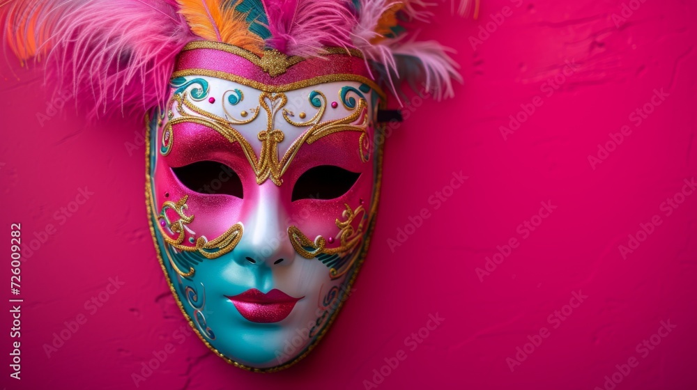 Venetian carnival mask placed on a bold pink background,generative ai