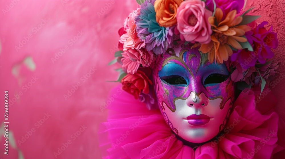Obraz premium Venetian carnival mask placed on a bold pink background,generative ai