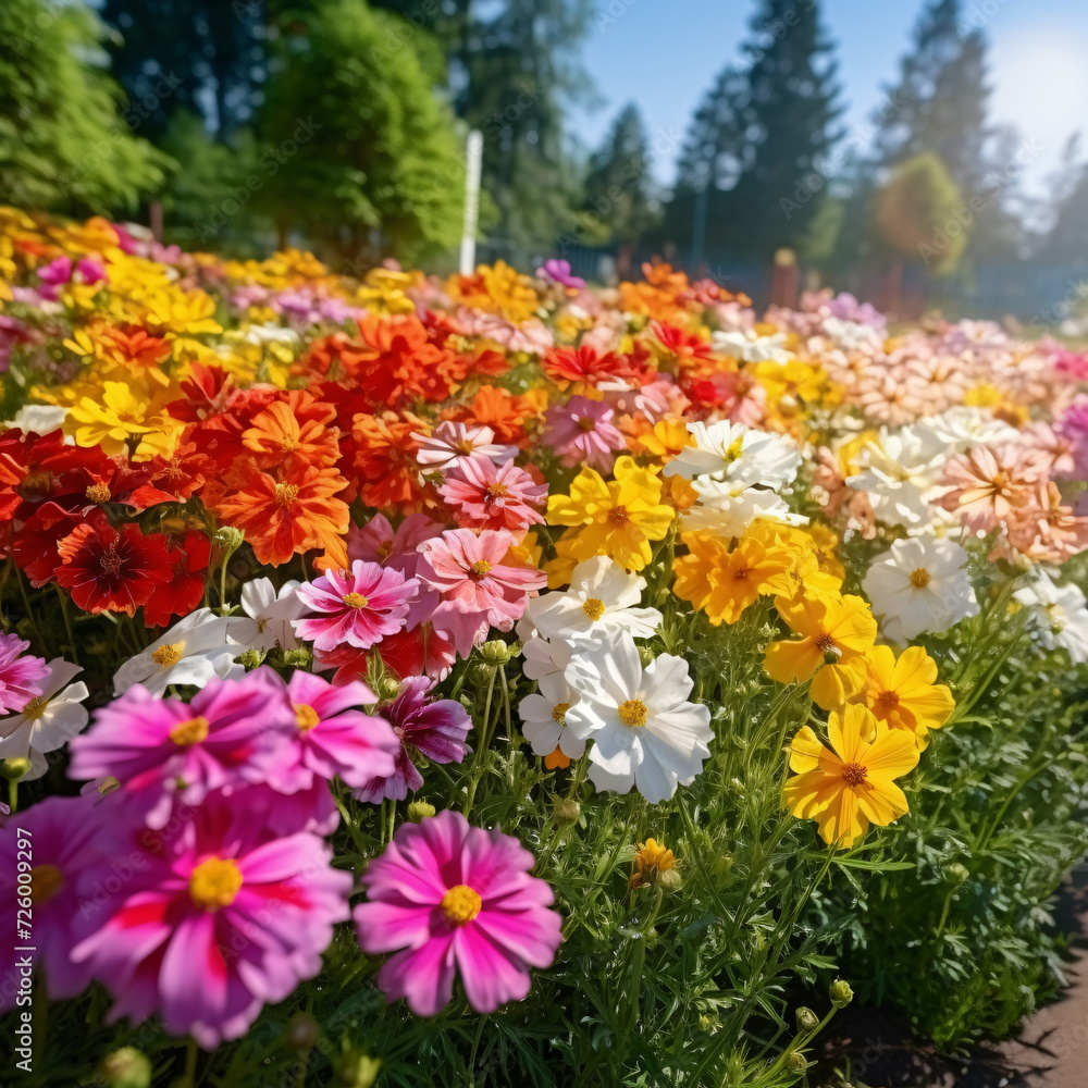 Panorama of Colorful Summer Flowers. Flower Bed in.