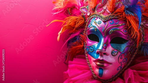 Venetian carnival mask placed on a bold pink background,generative ai © ThisDesign