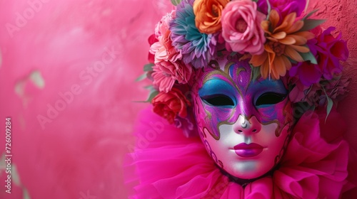 Venetian carnival mask placed on a bold pink background,generative ai