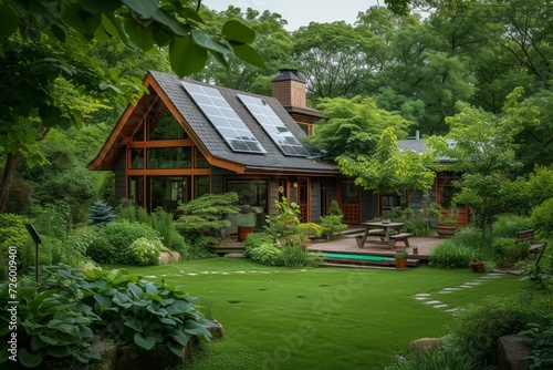 eco-friendly home surrounded by greenery  powered by renewable energy sources