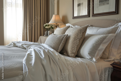 Elegant bedroom interior with plush pillows, crisp white bedding, bedside lamp, and a serene ambiance for comfortable and stylish home decor. Concept of quiet luxury.