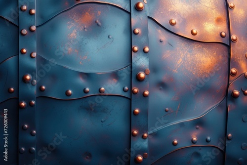 Blue and gold metallic panels, secured with robust rivets, exuding the strength of armor.., mettalic background photo