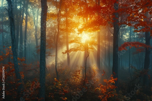 beauty of a misty autumn morning in a dense forest © Kanisorn