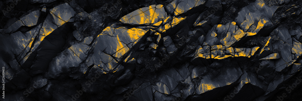 Panoramic black natural bold abstract rock background. Dark gold stone texture mountain close-up cracked banner design copy space Panoramic black natural bold abstract rock background. Dark gold stone texture mountain close-up cracked banner design copy space