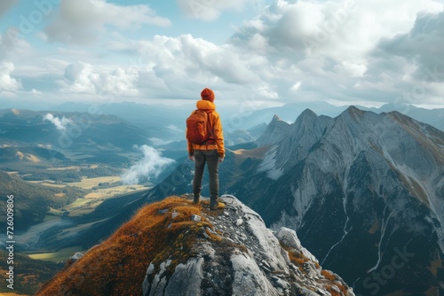 Hiker standing atop a mountain, overlooking a breathtaking view.