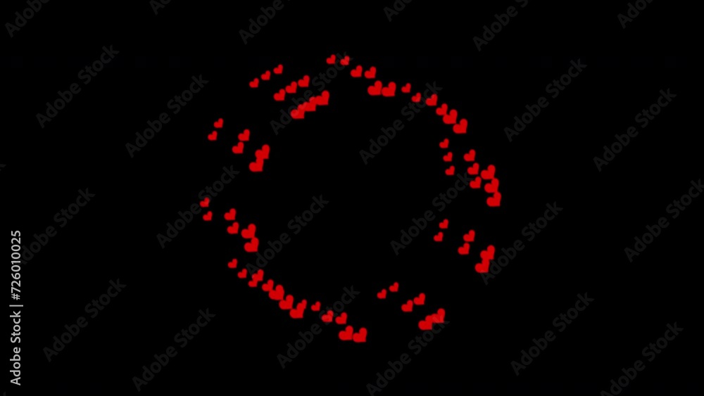Bright red blinking heart shapes  swirl in a chaotic movement on black background. Perfect for Valentine's Day, anniversary card, Valentines Vibes, music stage, rave, shows, techno music
