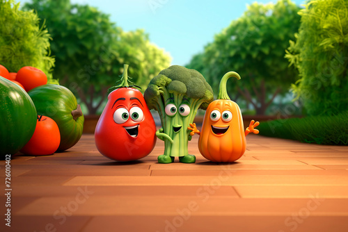 Variety of vegetables. Cute cartoon character tomato, broccoli, pumpkin with eyes. World Vegetarian Day. Funny illustration children's menu, website, advert, blog, kid friendly food.