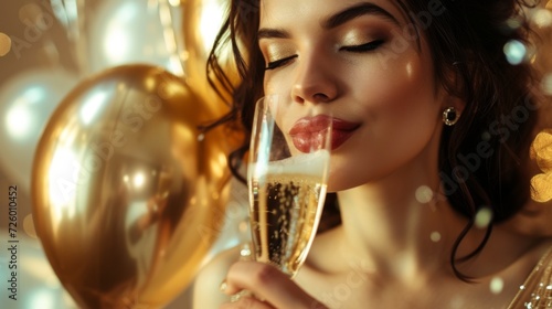 attractive and elegant young woman celebrating a special day, drinking champagne generative ai