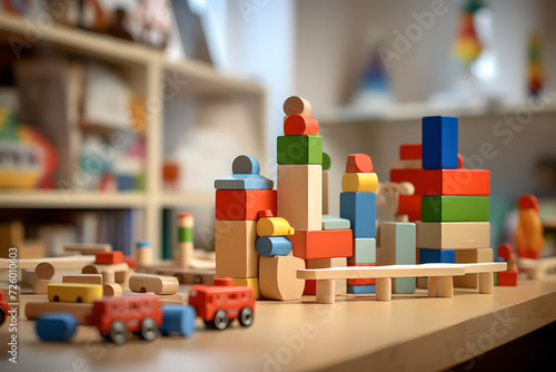 in Kindergarten we have classroom with educational materials , wooden furniture  and wooden educational toys  , Teaching young children , montessori early education , Young children's games
