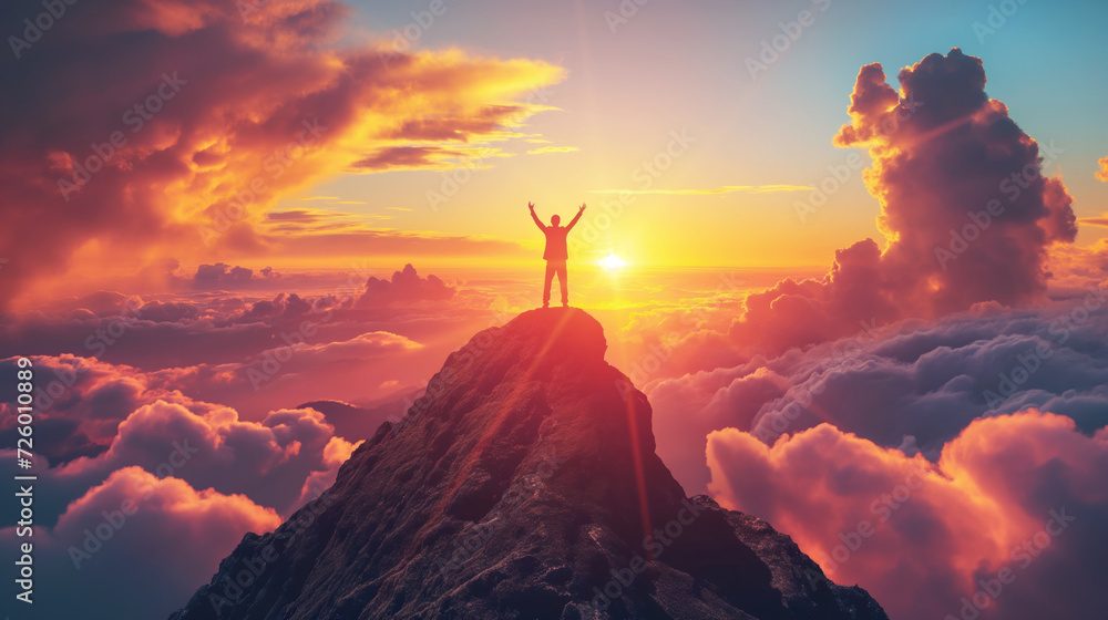 businessman standing on the peak of a high mountain, raise his hands, at sunset - obrazy, fototapety, plakaty 