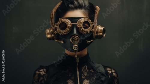 A woman wearing a steampunk mask, adorned in a vintage black dress