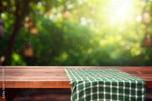 Wooden Table With Green Checkered Tablecloth