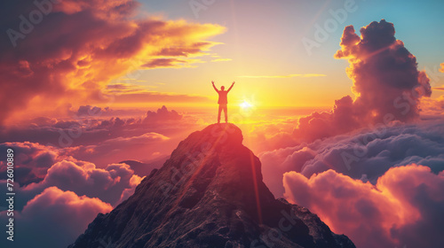 businessman standing on the peak of a high mountain, raise his hands, at sunset