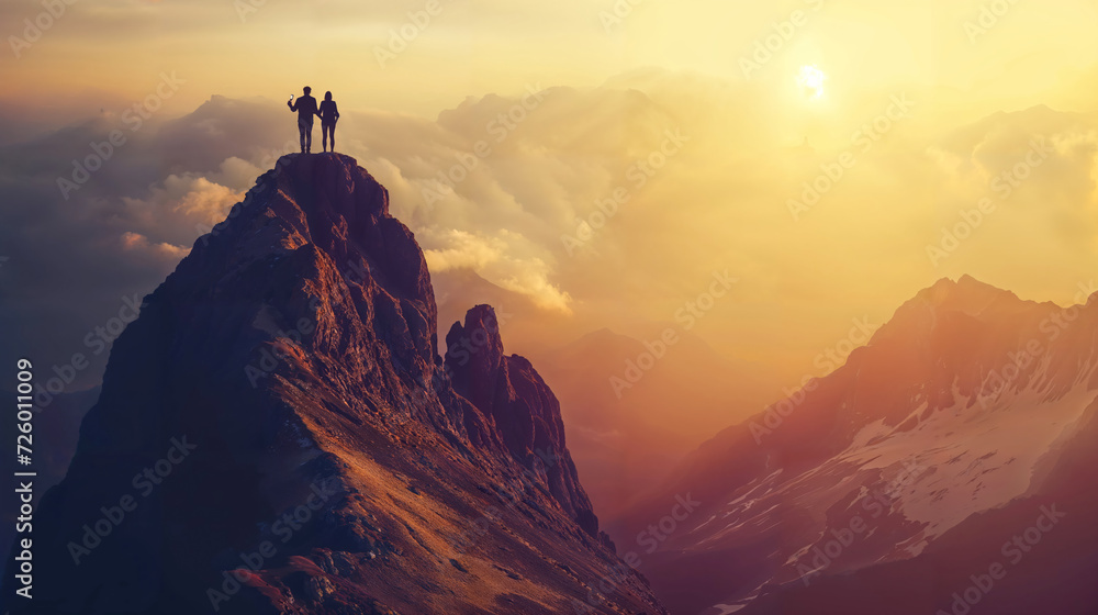 two businessman standing on the peak of a high mountain, drinking champagne for their achievement two businessman standing on the peak of a high mountain, drinking champagne for their achievement