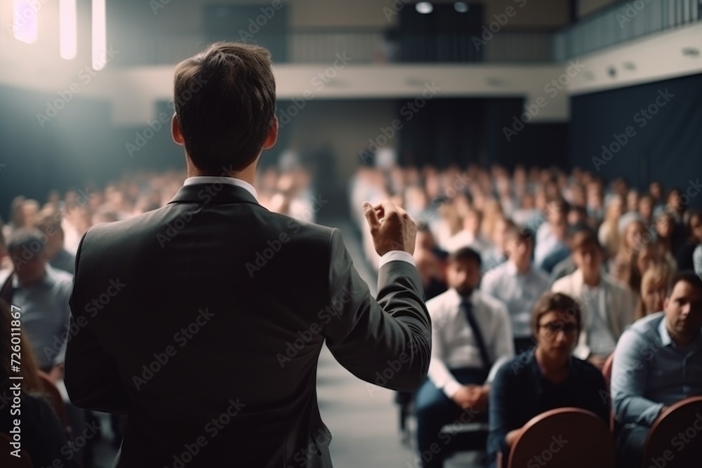 Man Standing in Front of Crowd of People - obrazy, fototapety, plakaty 