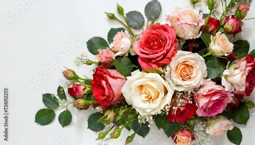 Bouquet de roses, nuances de blanc, rose et rouge, romantique sur un fond clair. Posé à plat et vue de dessus avec un espace pour le texte © Angel