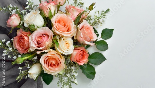 Bouquet de roses, nuances de rose orangé, doux et romantique sur un fond clair. Posé à plat et vue de dessus avec un espace pour le texte