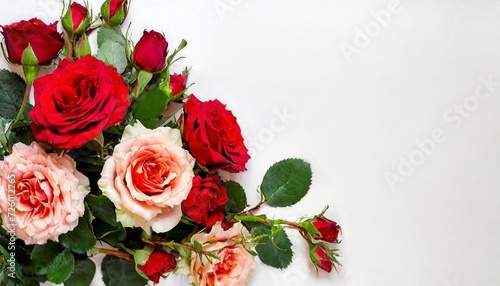Bouquet de roses, nuances de blanc, rose et rouge, romantique sur un fond clair. Posé à plat et vue de dessus avec un espace pour le texte