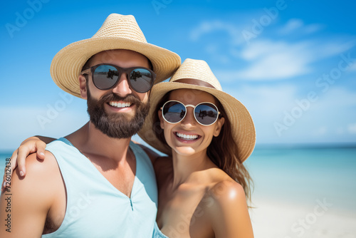 couple smiling on beach with hats and sunglasses