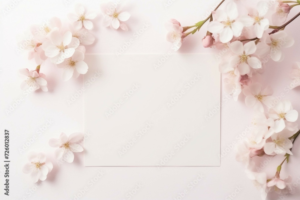 Cherry blossoms and blank card on white background, top view