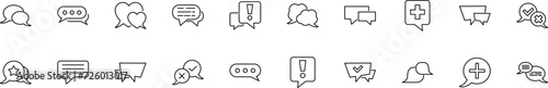 Collection of thin line icons of various elements inside of speech bubbles. Linear sign and editable stroke. Suitable for web sites, books, articles