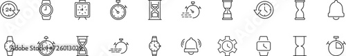 Collection of thin line icons of clocks, watch, timers, alarm clocks. Linear sign and editable stroke. Suitable for web sites, books, articles