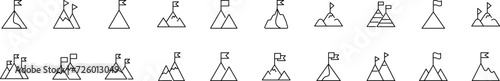 Collection of thin line icons of flag on top of mountains. Linear sign and editable stroke. Suitable for web sites, books, articles