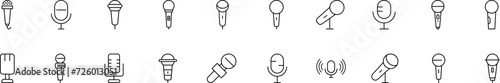 Collection of thin line icons of microphone. Linear sign and editable stroke. Suitable for web sites, books, articles