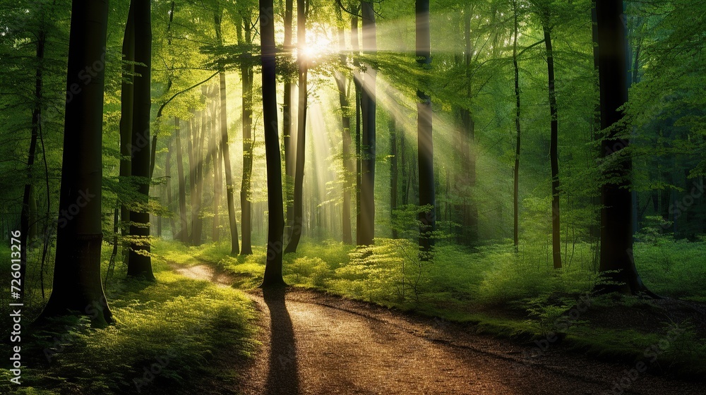 Fototapeta premium Forest landscape, Beautiful sunlight in green forest