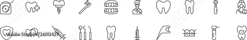 Collection of thin line icons of items related to teeth and dentistry. Linear sign and editable stroke. Suitable for web sites, books, articles