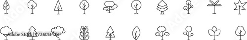 Collection of thin line icons of trees in forest. Linear sign and editable stroke. Suitable for web sites, books, articles