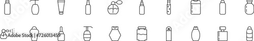 Collection of thin line icons of cosmetic bottles. Linear sign and editable stroke. Suitable for web sites, books, articles