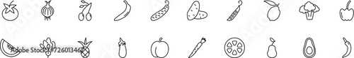 Collection of thin line icons of fruits and vegetables. Linear sign and editable stroke. Suitable for web sites, books, articles