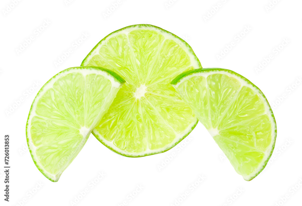 Top view of fresh green lemon slices in stack isolated on white background with clipping path