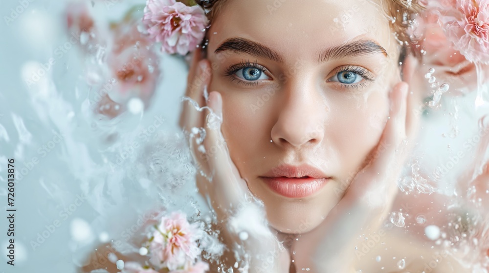 Woman wrapped in water droplets and flowers on light background, moisturized, moisturizing, cosmetic shot, beauty industry advertising concept. Woman wrapped in water droplets and flowers on light background, moisturized, moisturizing, cosmetic shot, beauty industry advertising concept.