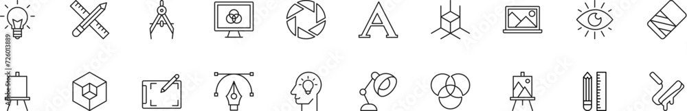 Collection of thin line icons of designer. Linear sign and editable stroke. Suitable for web sites, books, articles