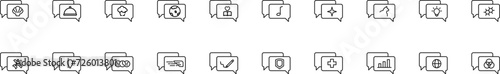 Collection of thin line icons of items inside of speech bubble. Linear sign and editable stroke. Suitable for web sites, books, articles
