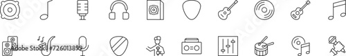 Collection of thin line icons of music. Linear sign and editable stroke. Suitable for web sites, books, articles