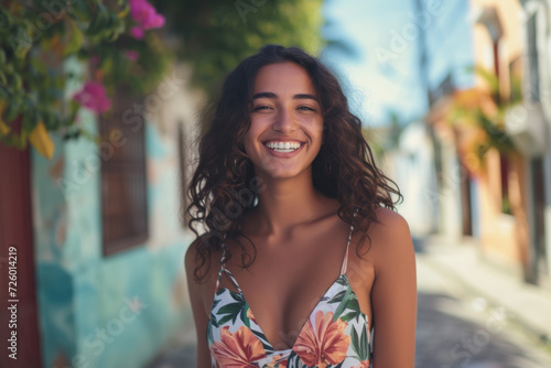 A woman in a floral top smiles for the camera