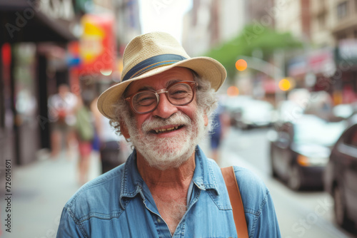 An older man wearing a hat and glasses smiles for the camera