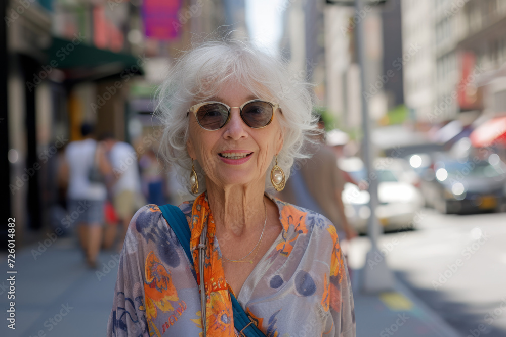 An older woman wearing sunglasses and an orange scarf smiles for the camera