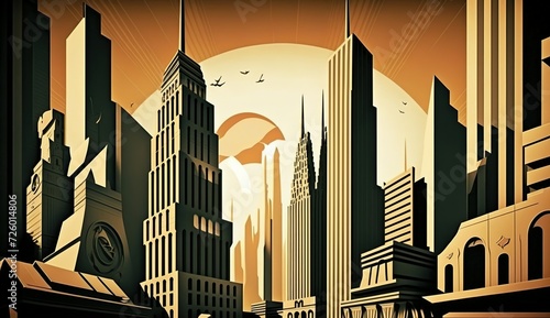 Urban cityscape with skyscrapers in retro modern vintage art deco illustration