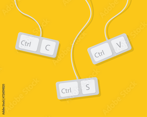Keyboard shortcuts. Hotkey. Shortcut key. Hotkey combination. Ctrl C, Ctrl V, Ctrl S, copy paste.Computer keyboard and wires. Vector illustration.	