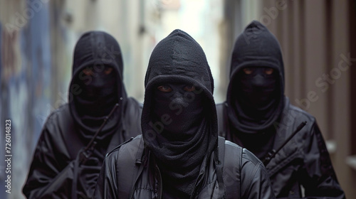 Front view of organized crime group of men wearing black baklavas holding guns and looking at camera © LorenaPh